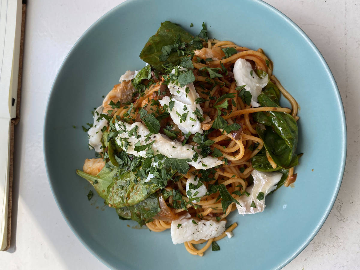spaghetti  Puttanesca with roasted cod