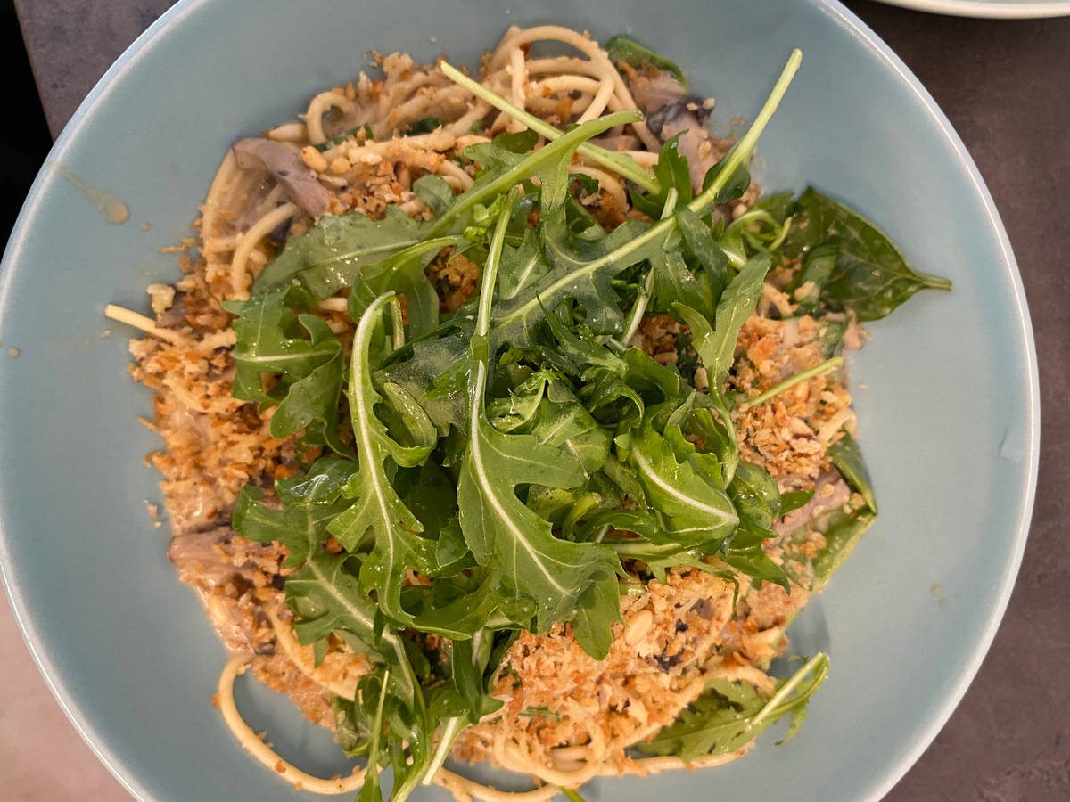 Plant-based mushroom and tahini pasta