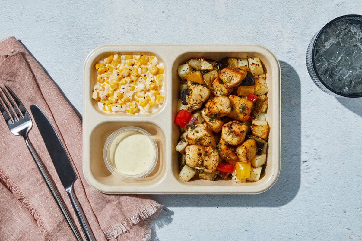 Poulet à l’ail et à la moutarde et pommes de terre rôties