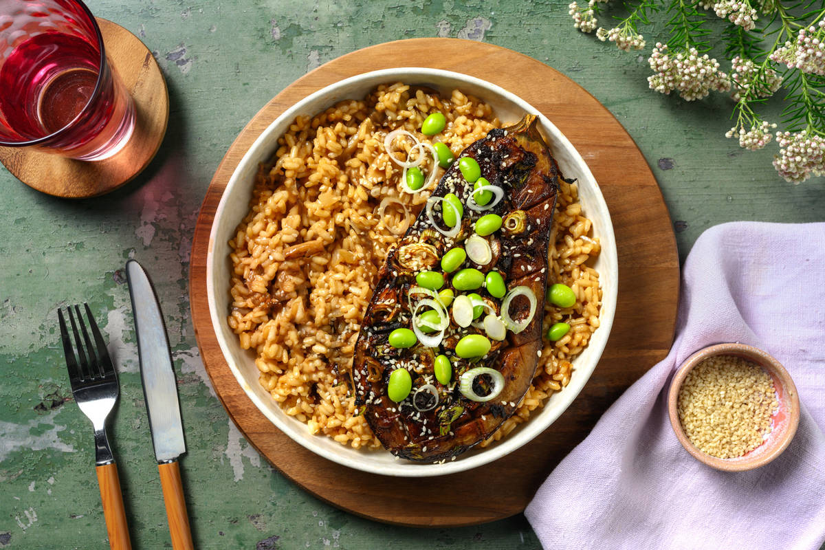 Asian risotto met miso-aubergine