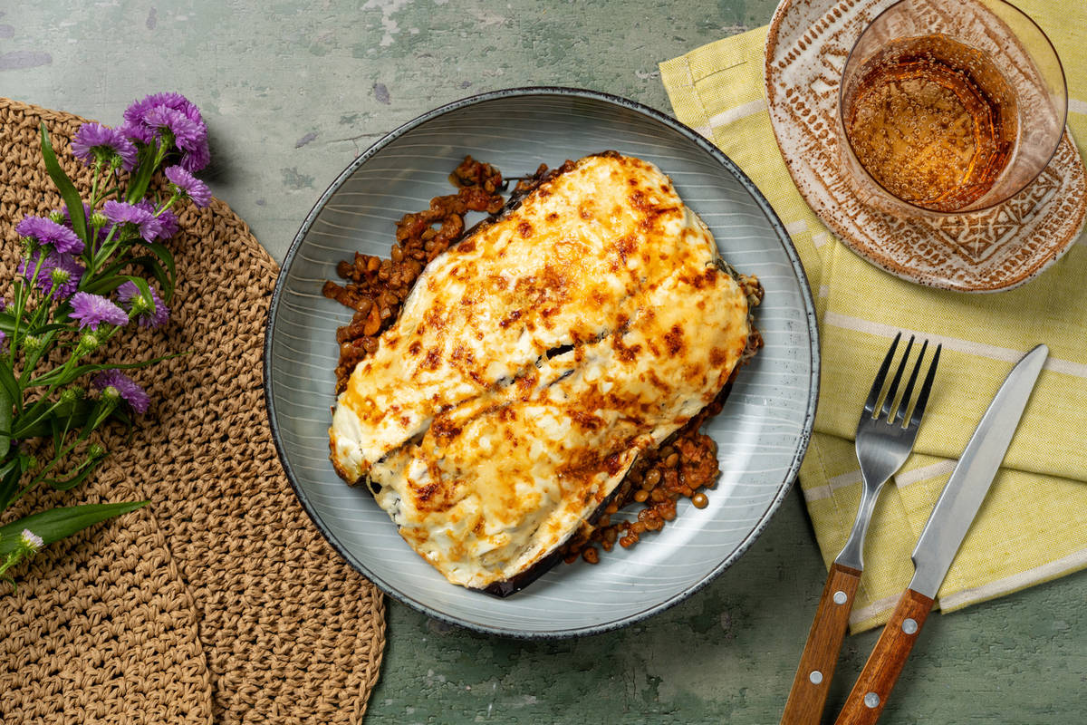 Moussaka met vegetarisch gehakt en aubergine