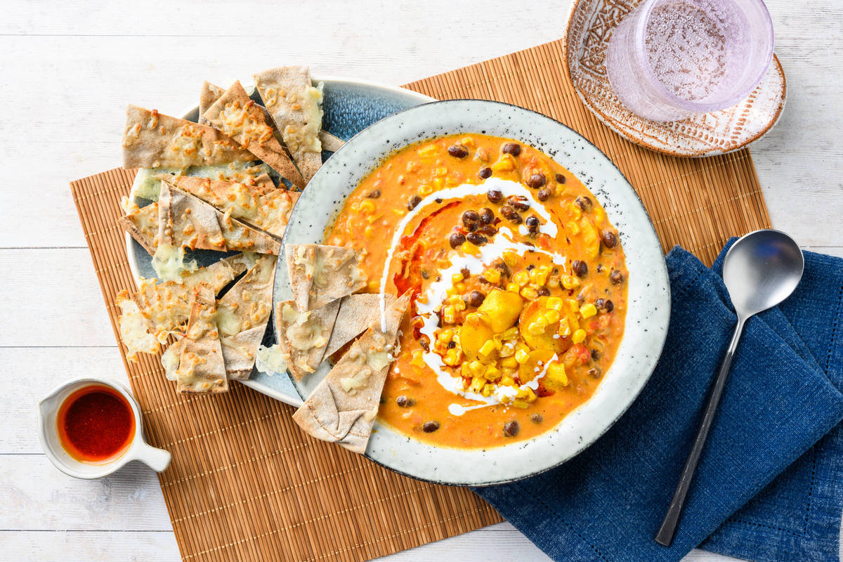 Carrot & Black Bean Soup with Peruvian-Spiced Flatbread Bites