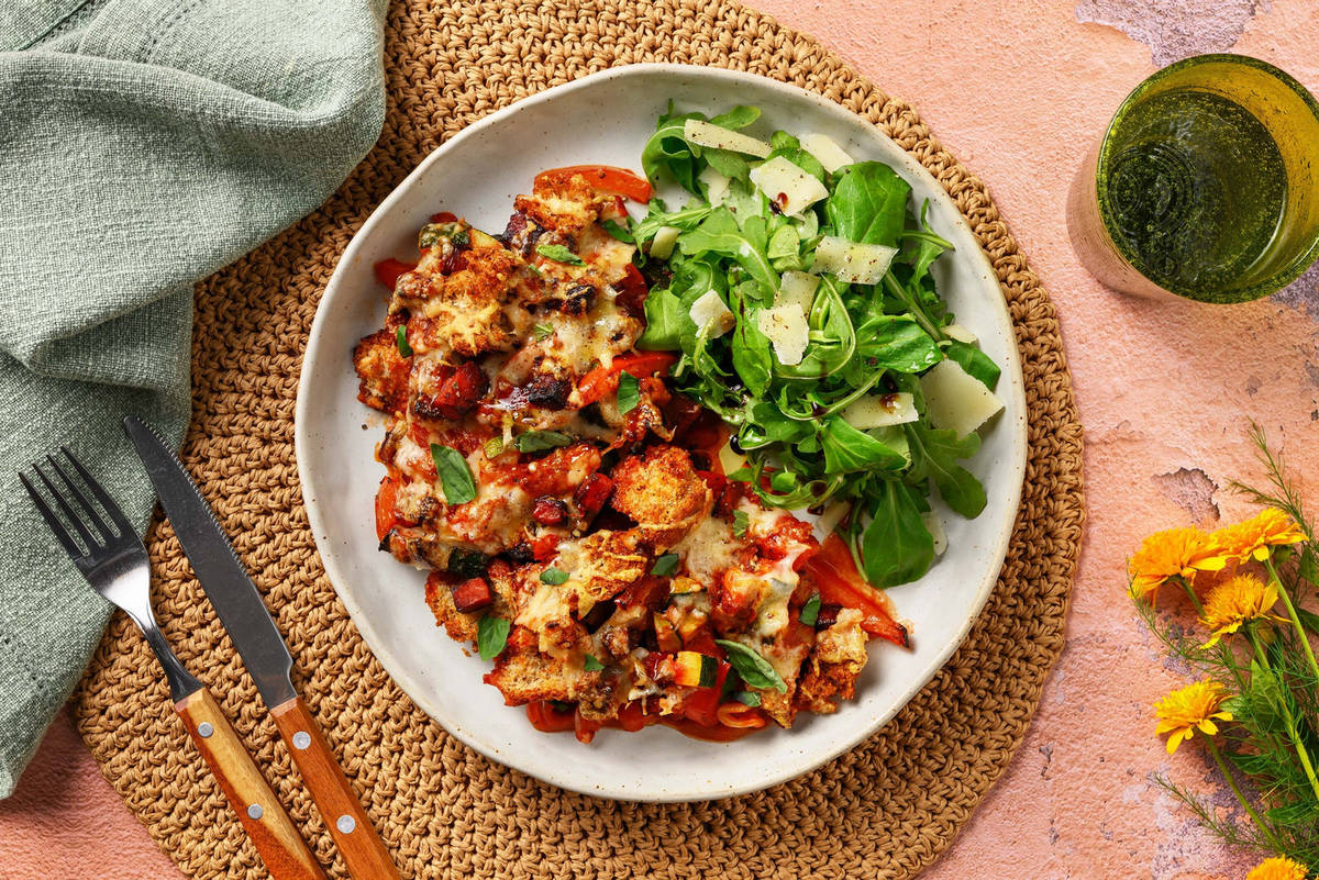 Ratatouille met chorizo crumble en Grana Padano