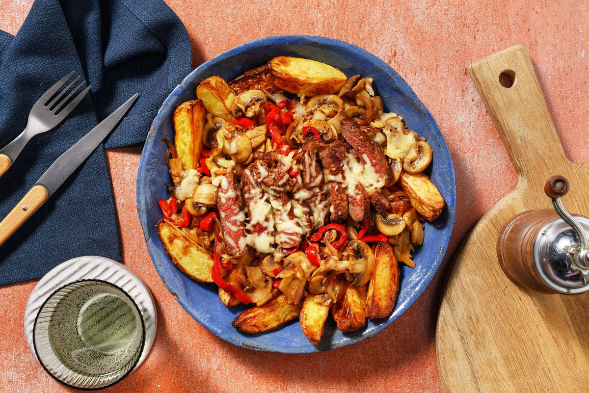 Potato Wedges with Philly Cheese Steak stir fry