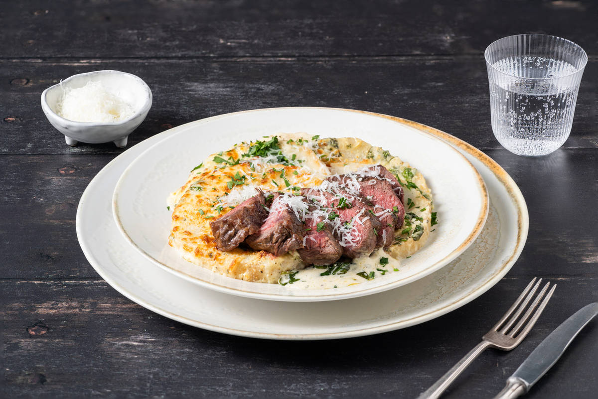 Hertenbiefstuk met groentegratin