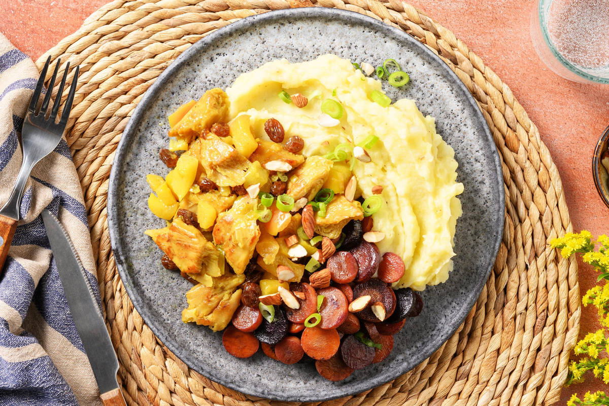 Vegan kip kerrie met bloemkool-aardappelpuree