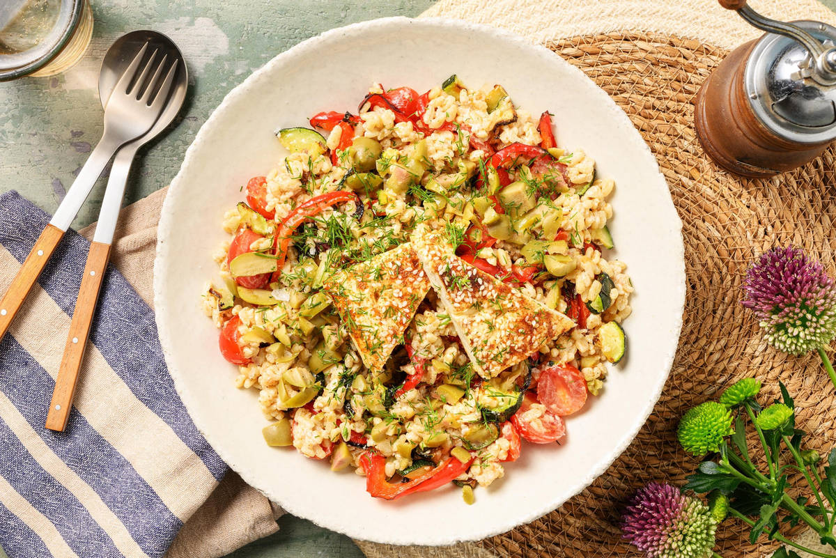 Baked honey sesame feta with pearl couscous