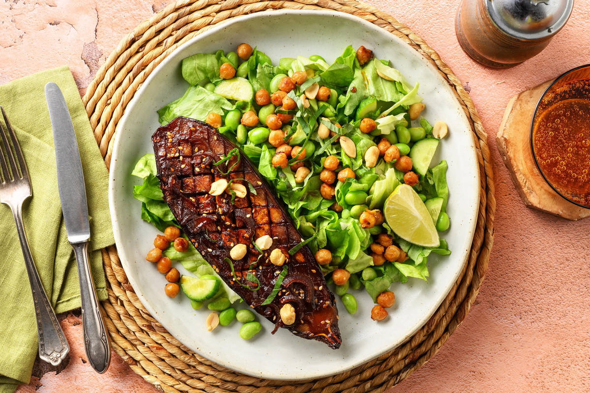 Sticky Eggplant and Roasted Miso-Chickpea Salad