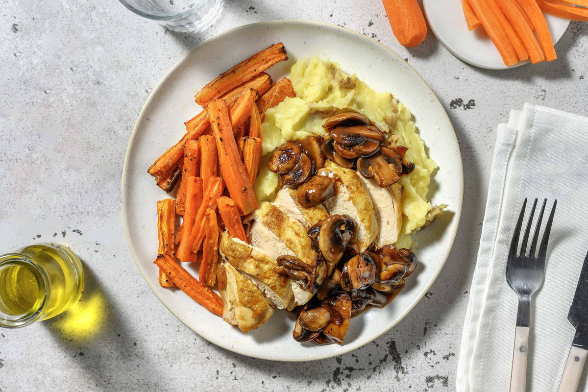 Roasted Chicken in Red Wine Mushroom Sauce