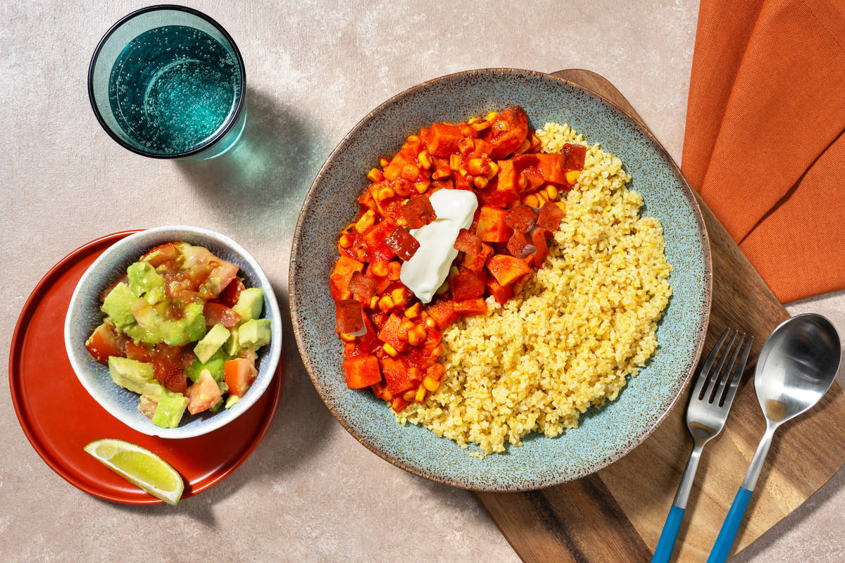 Cajun Sweet Potato, Charred Corn and Chorizo Bulgur Bowl