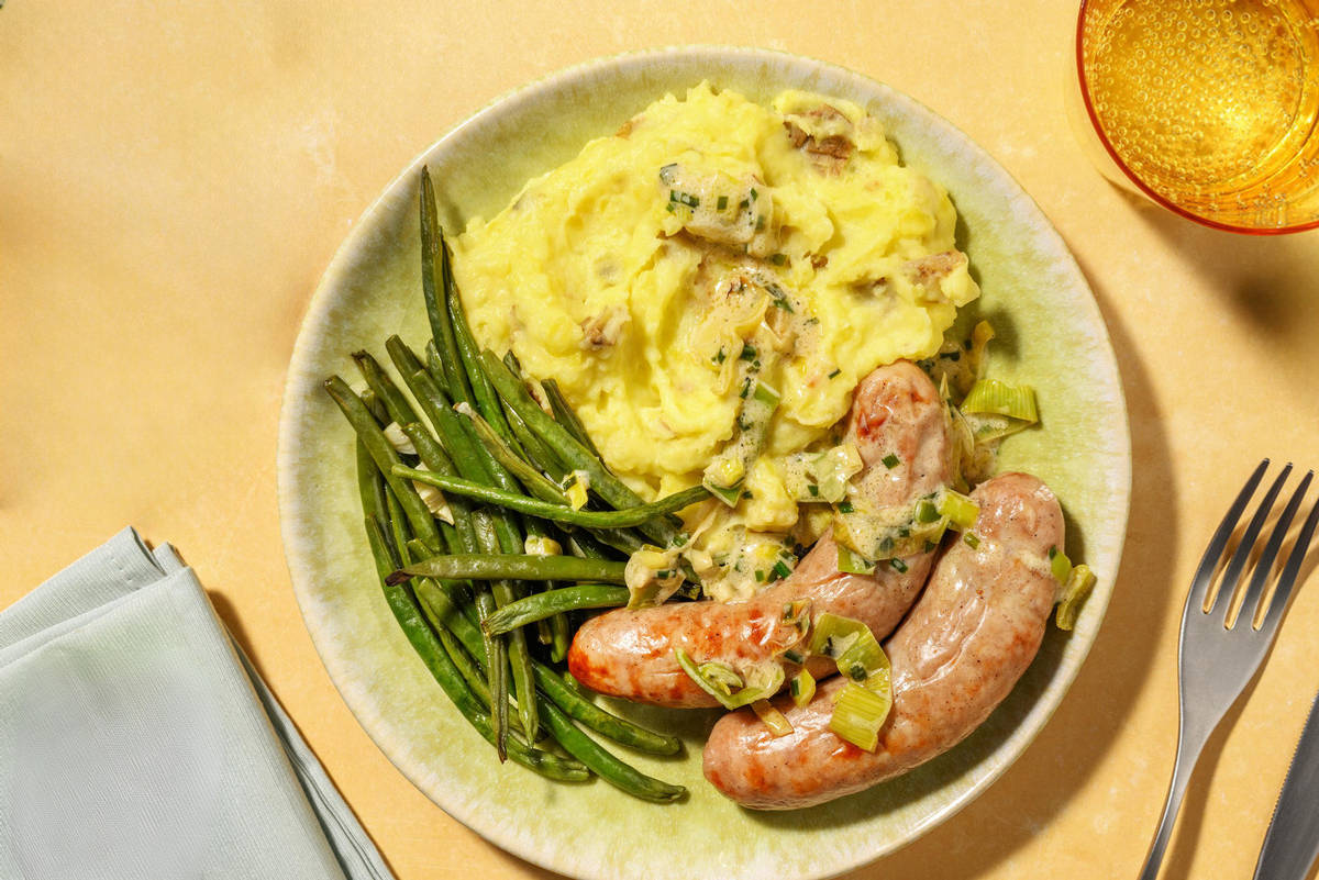 Bangers, Mash and Leek & Chive Sauce