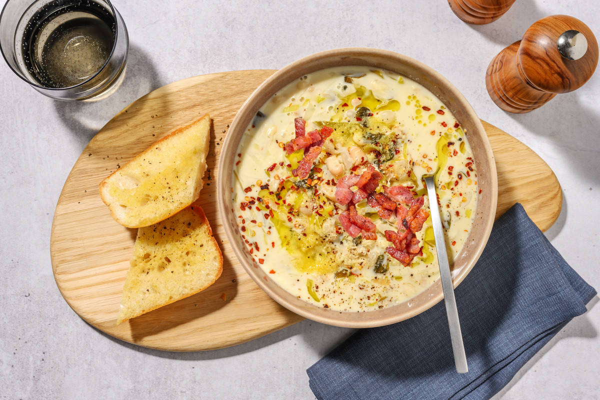 One Pot Creamy Bacon, Leek and Butter Bean Pesto Soup