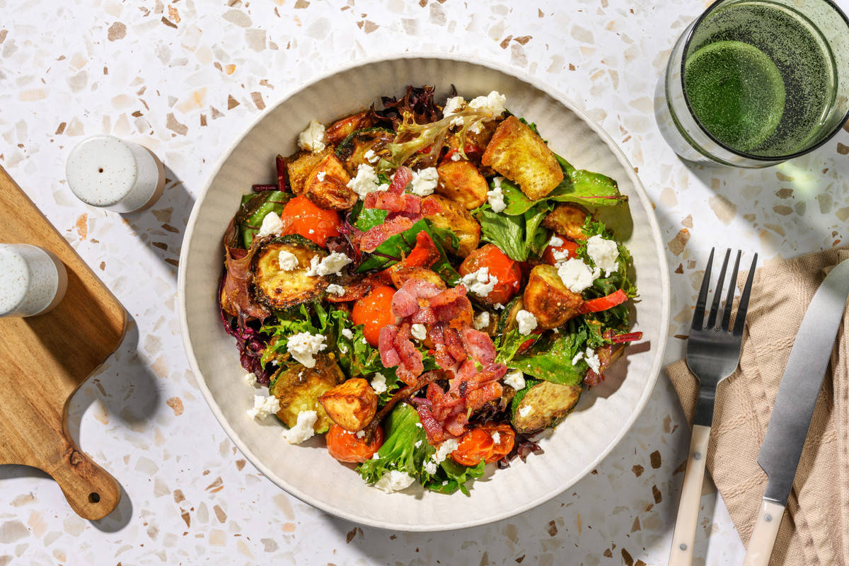 Bacon and Warm Pesto Roasted Winter Veg Salad