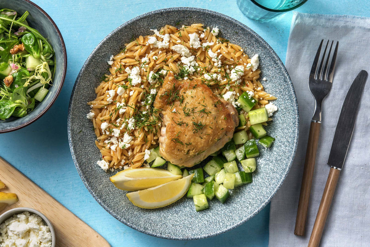 Orzo met kippendij, dille en feta