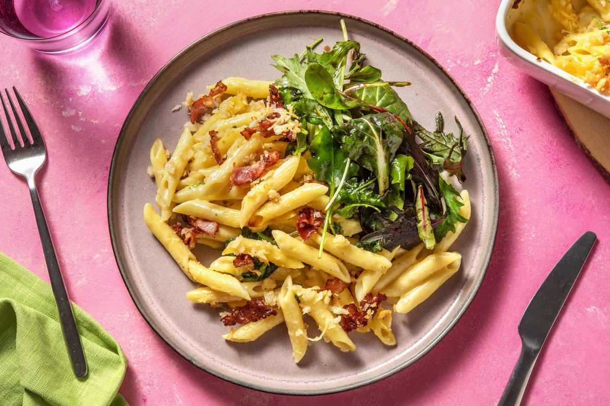 Bacon Crusted Cheese & Spinach Penne Bake
