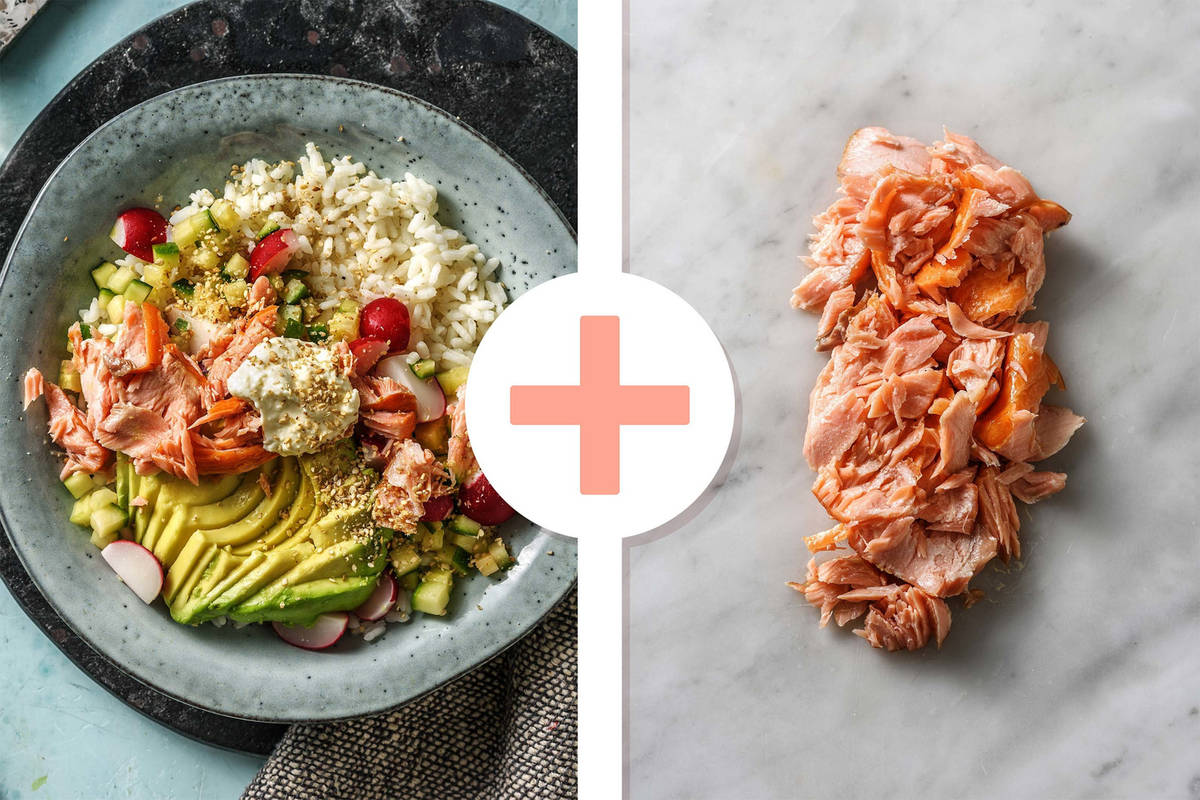 Double protein - Sushibowl accompagné d'une double portion de miettes de saumon fumé et d'une mayonnaise au gingembre