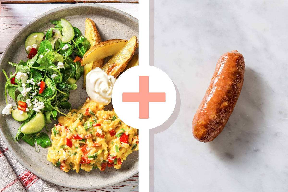 Veggie + protein - Œufs brouillés et saucisse de porc assaisonnée au thym et citron en extra