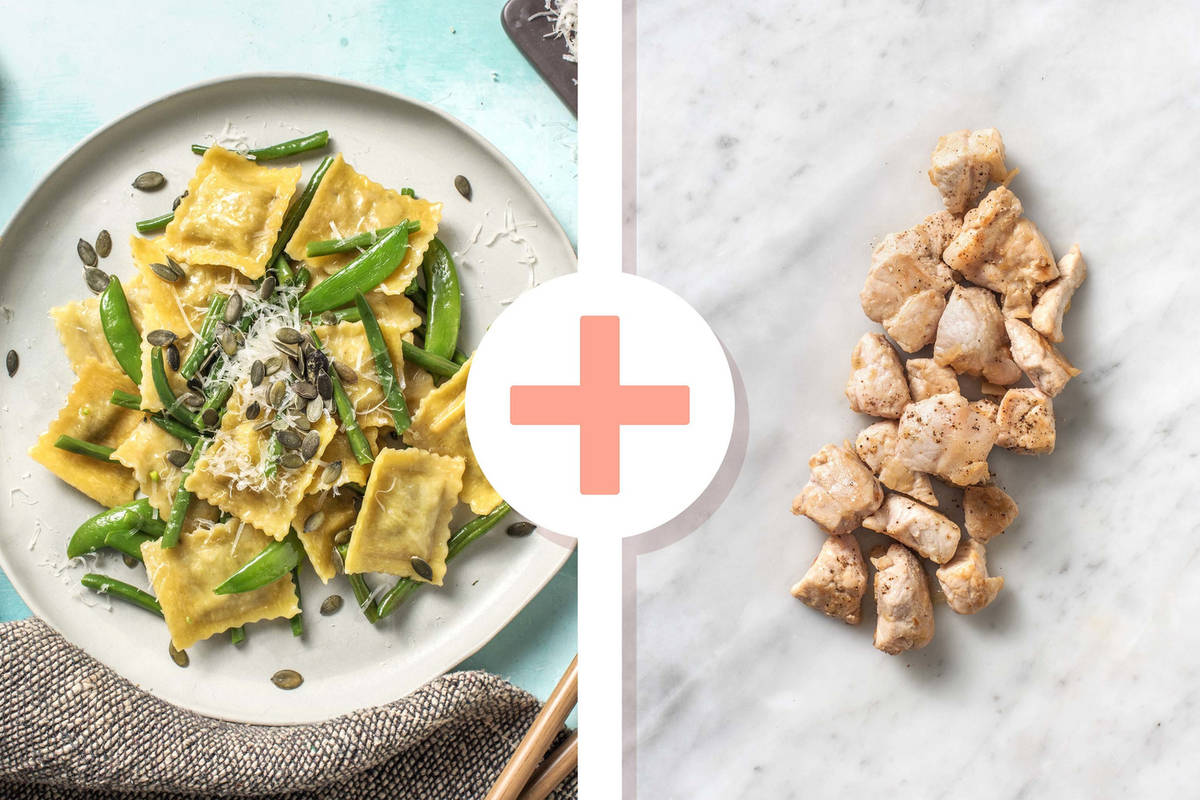 Veggie + protein - Raviolis au chou-fleur et beurre noisette avec des dés de porc en extra