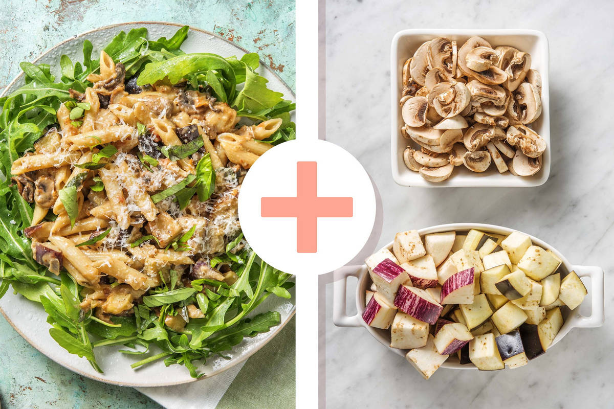 Double veggie + Penne in roomsaus van zongedroogde tomaten en aubergine