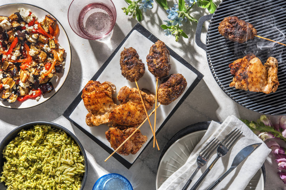 Chermoula Lamb Skewers and Lemon Oregano Chicken