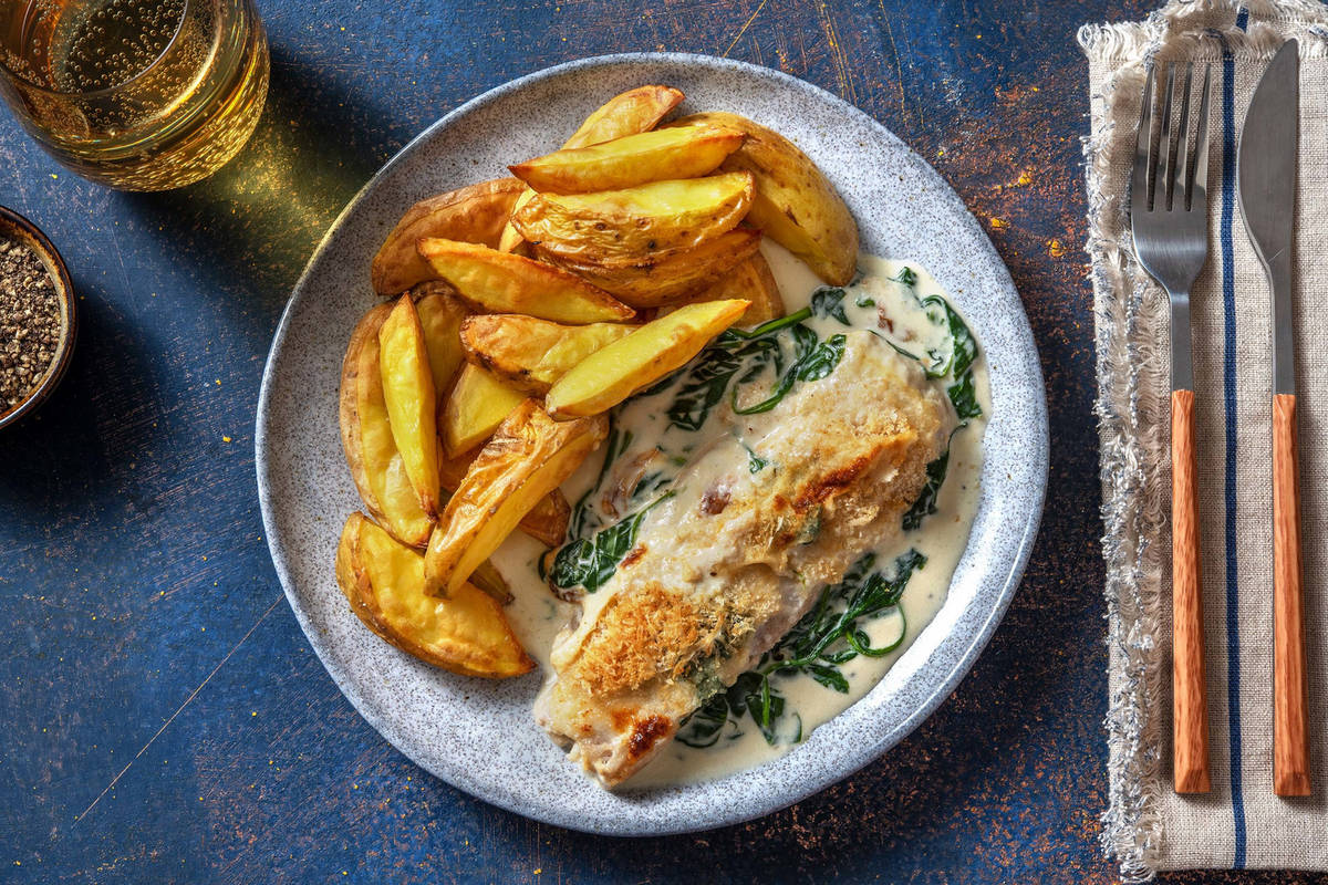 Dorade in Spinat-Rahm-Sauce aus dem Ofen