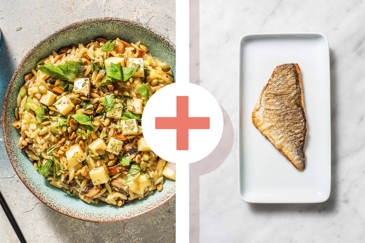 Veggie + protein - Paddenstoelenrisotto van orzo met doradefilet als extra