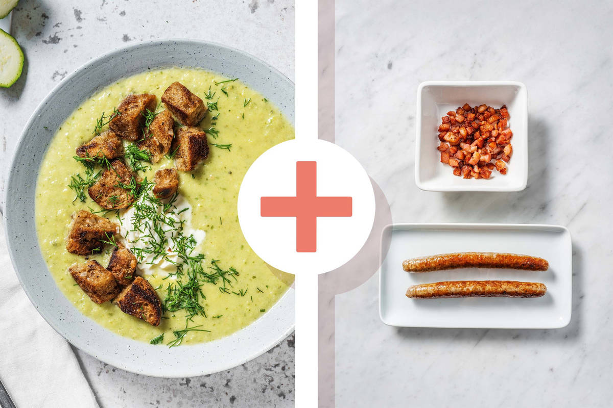Veggie+protein - Soupe de courgette et poireau avec des lardons et des chipolatas en extra