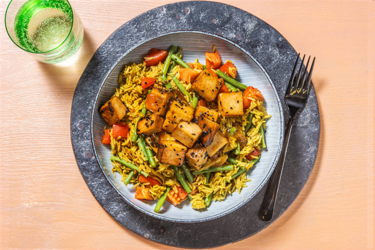 Mango Chutney Glazed Tofu with Pilaf Rice and Tomato Salsa