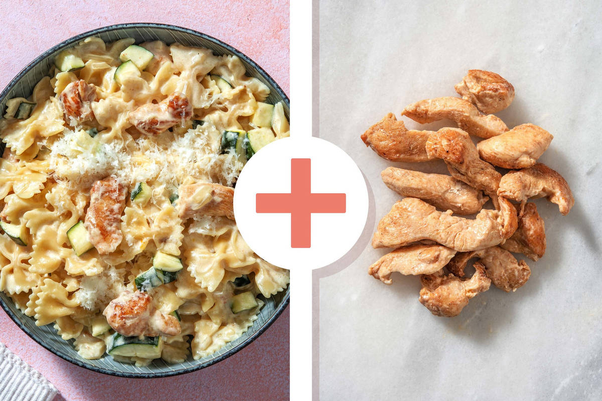Double protein - Eenpanspasta Alfredo met dubbele portie kip 