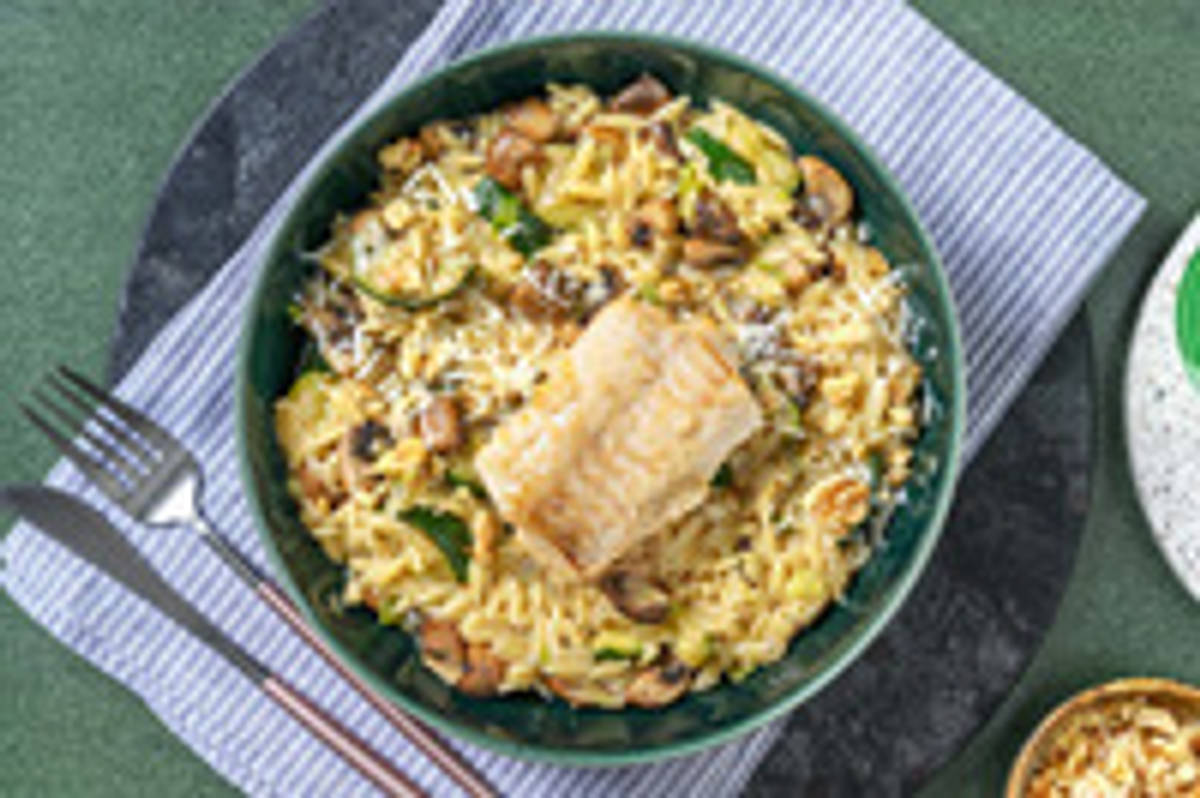 Champignonrisotto van orzo met kabeljauwfilet als extra