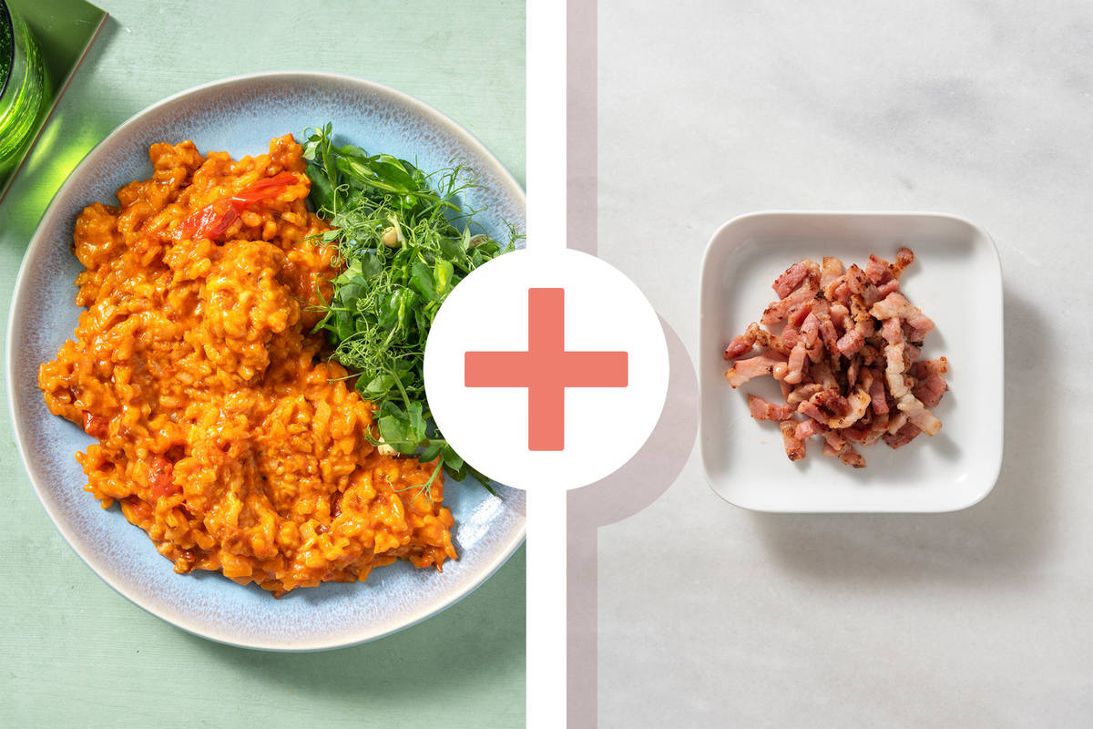 Super Cheesy Oven-Baked Tomato Risotto with Bacon Lardons