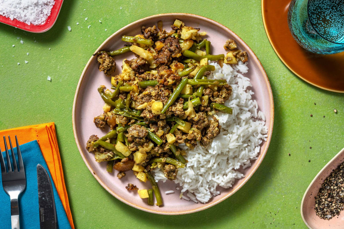 Bobotie de bœuf haché aux épices et haricots verts