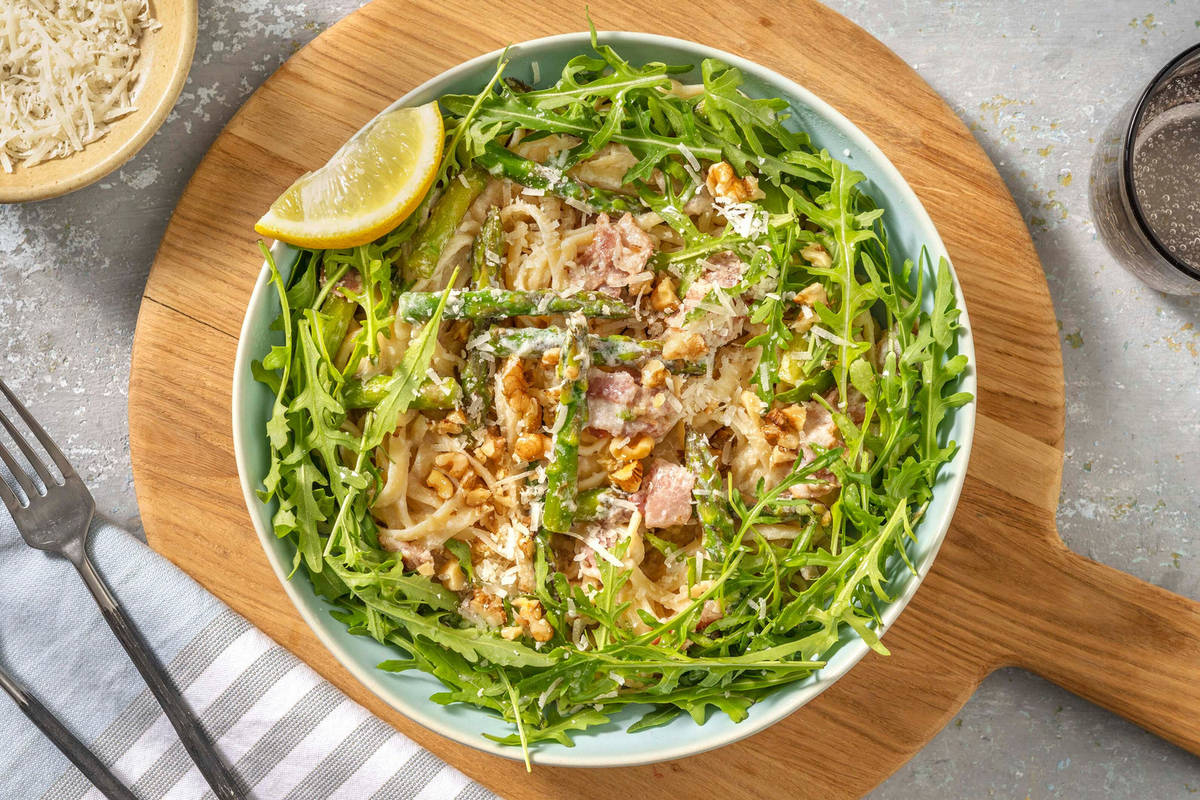 Linguine à la ricotta, asperges & lard