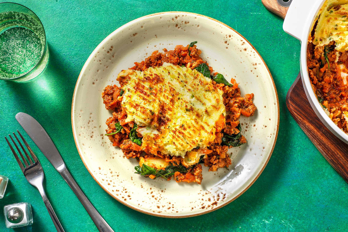 Ovenschotel met rundergehakt en spinaziepuree
