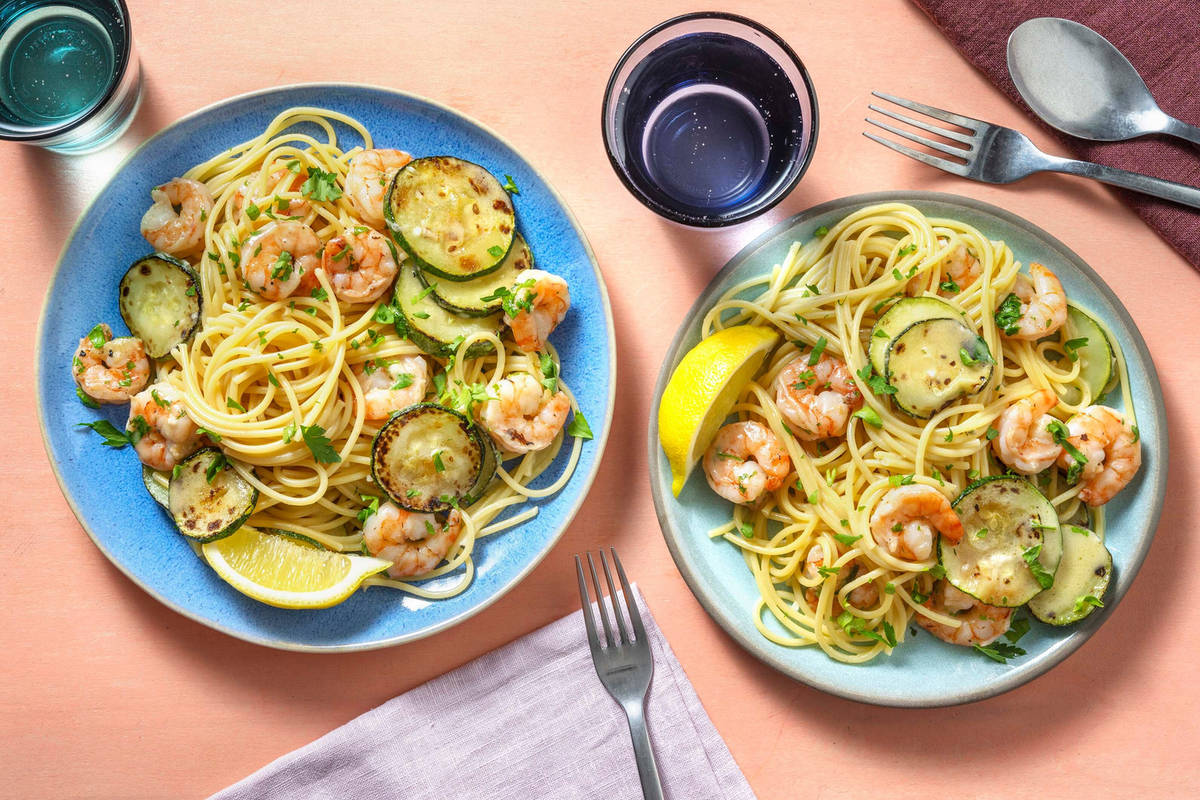 Spaghetti aux crevettes et courgette