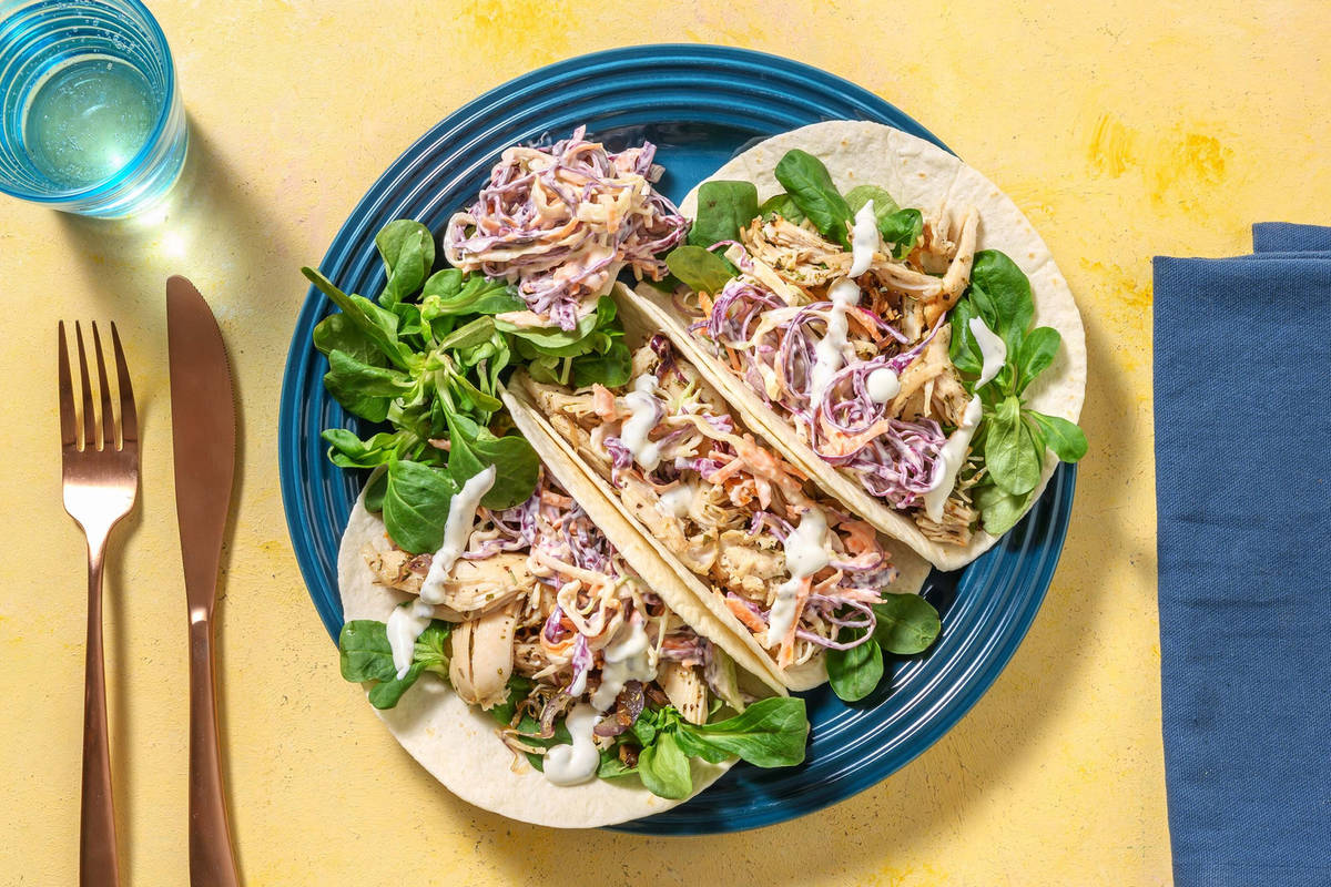 Volkoren pulled chicken wraps met koolsla