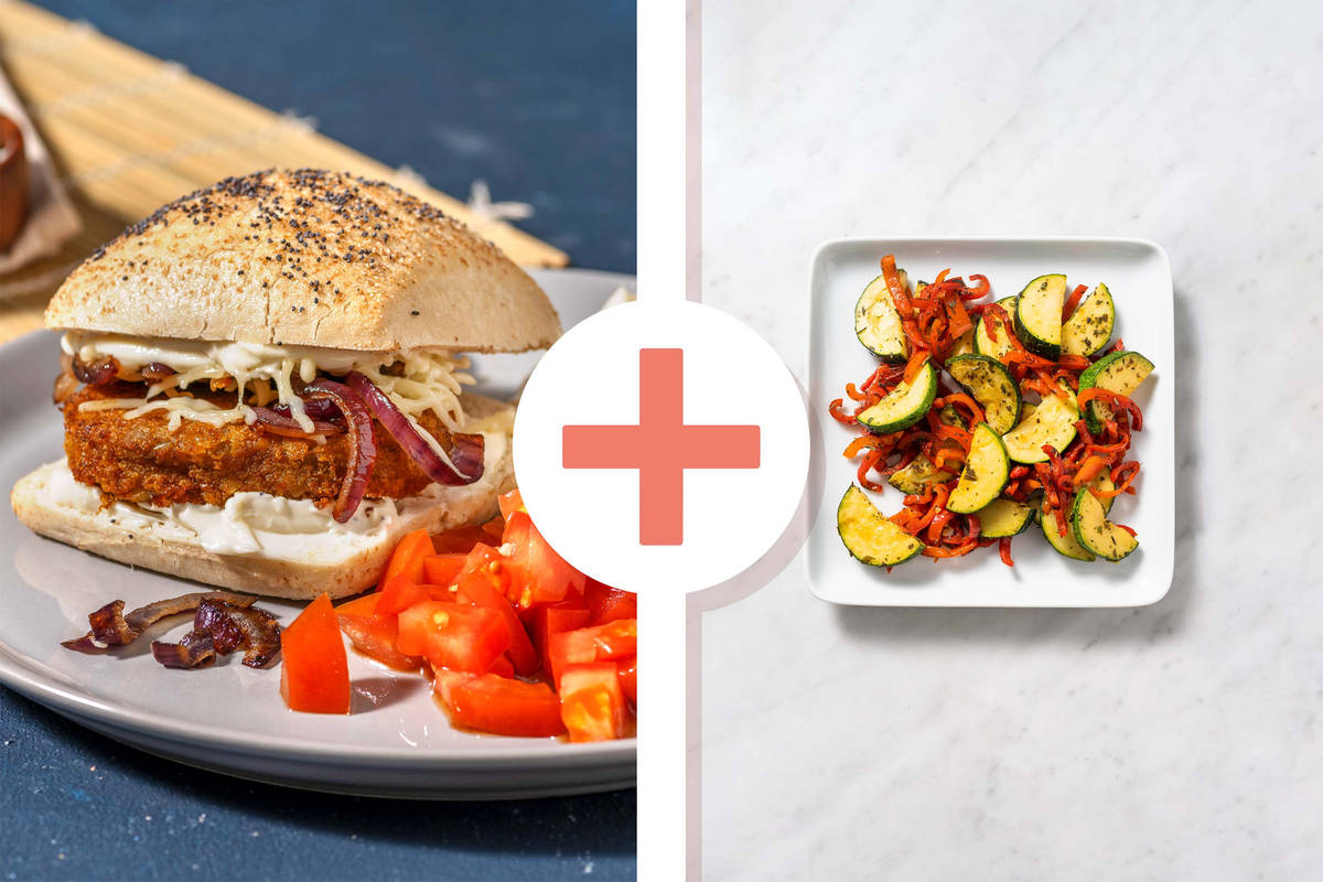 Double veggie - Wortel-pompoenburger met gebakken groenten als extra