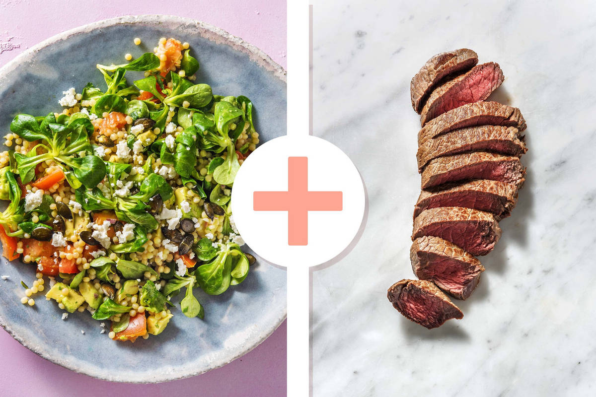 Veggie + protein - Parelcouscoussalade met kogelbiefstuk als extra