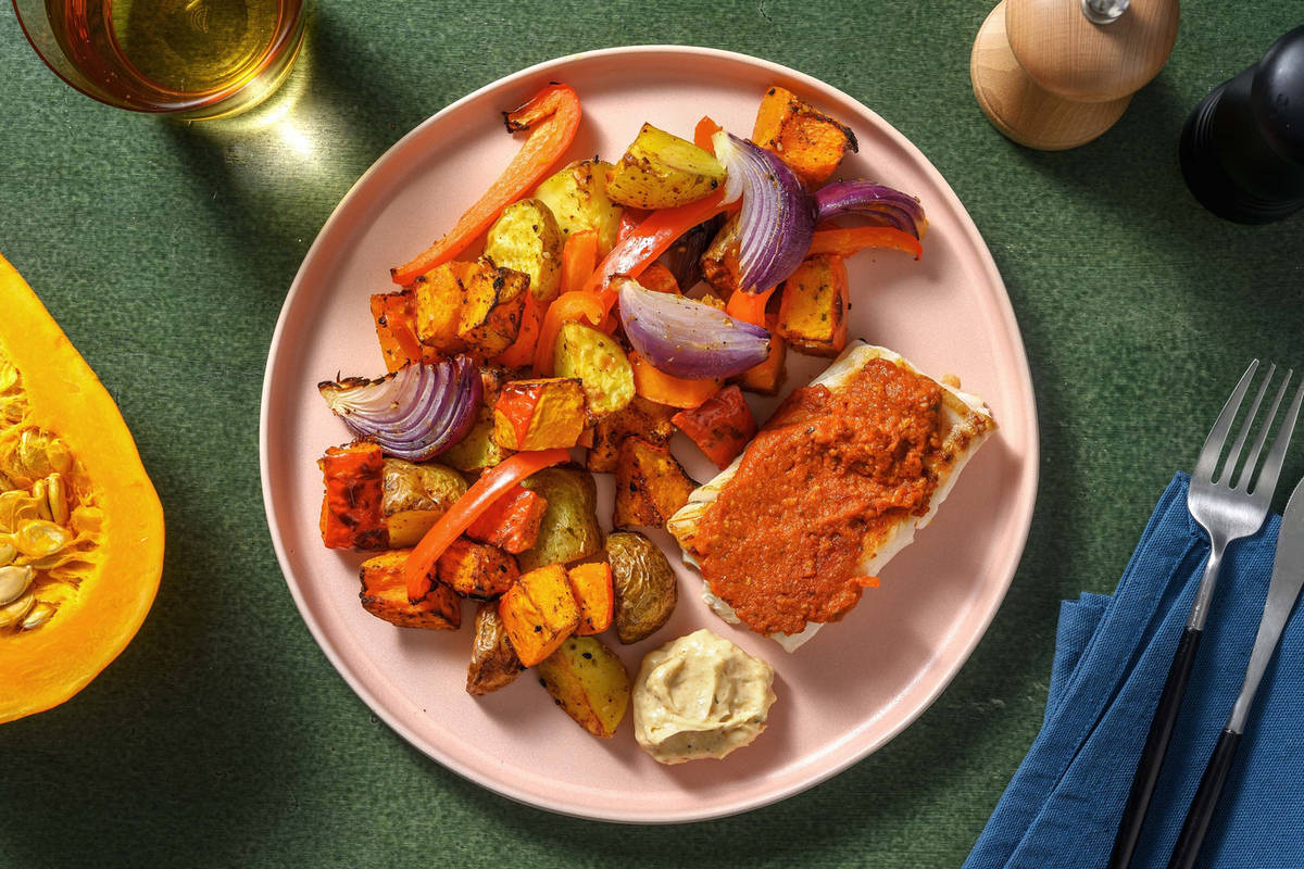Traybake de courge, grenailles et cabillaud