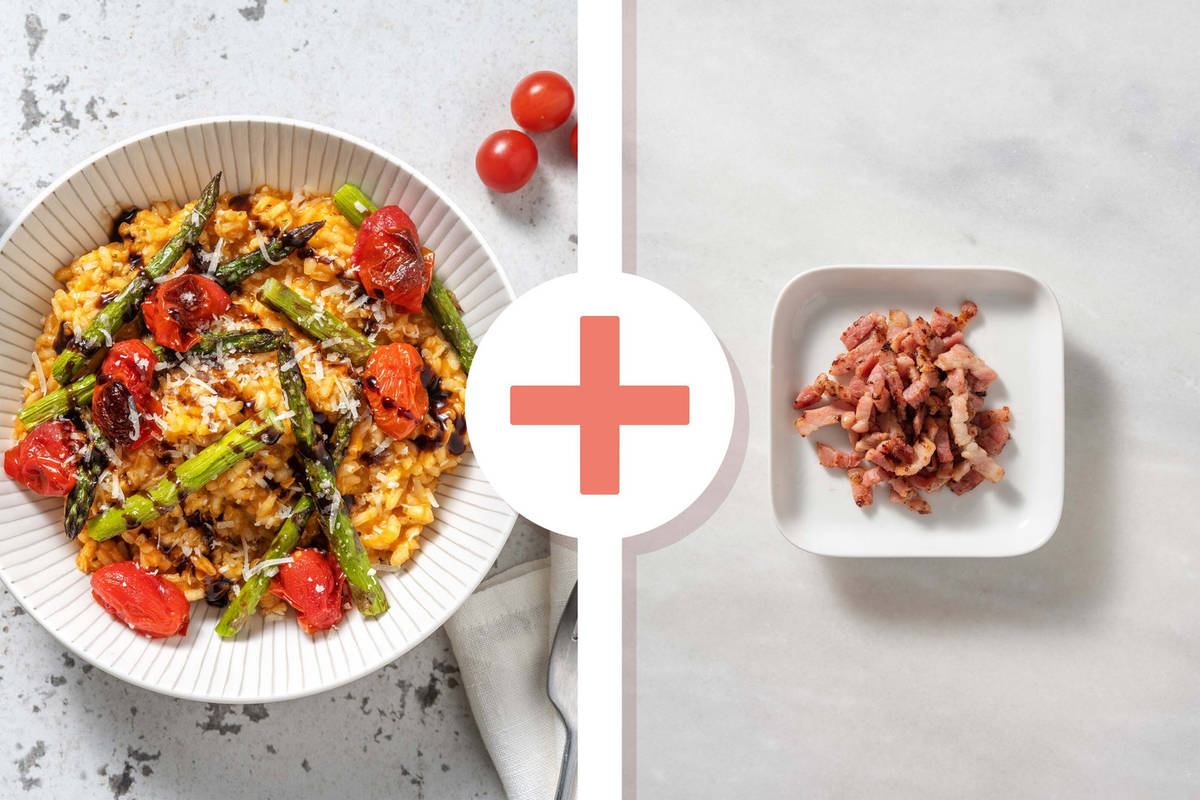 Roasted Tenderstem® Broccoli, Bacon and Baby Plum Tomato Risotto