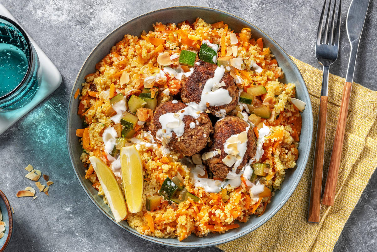 Bulgurbowl met kipgehaktballetjes en Afrikaanse kruiden