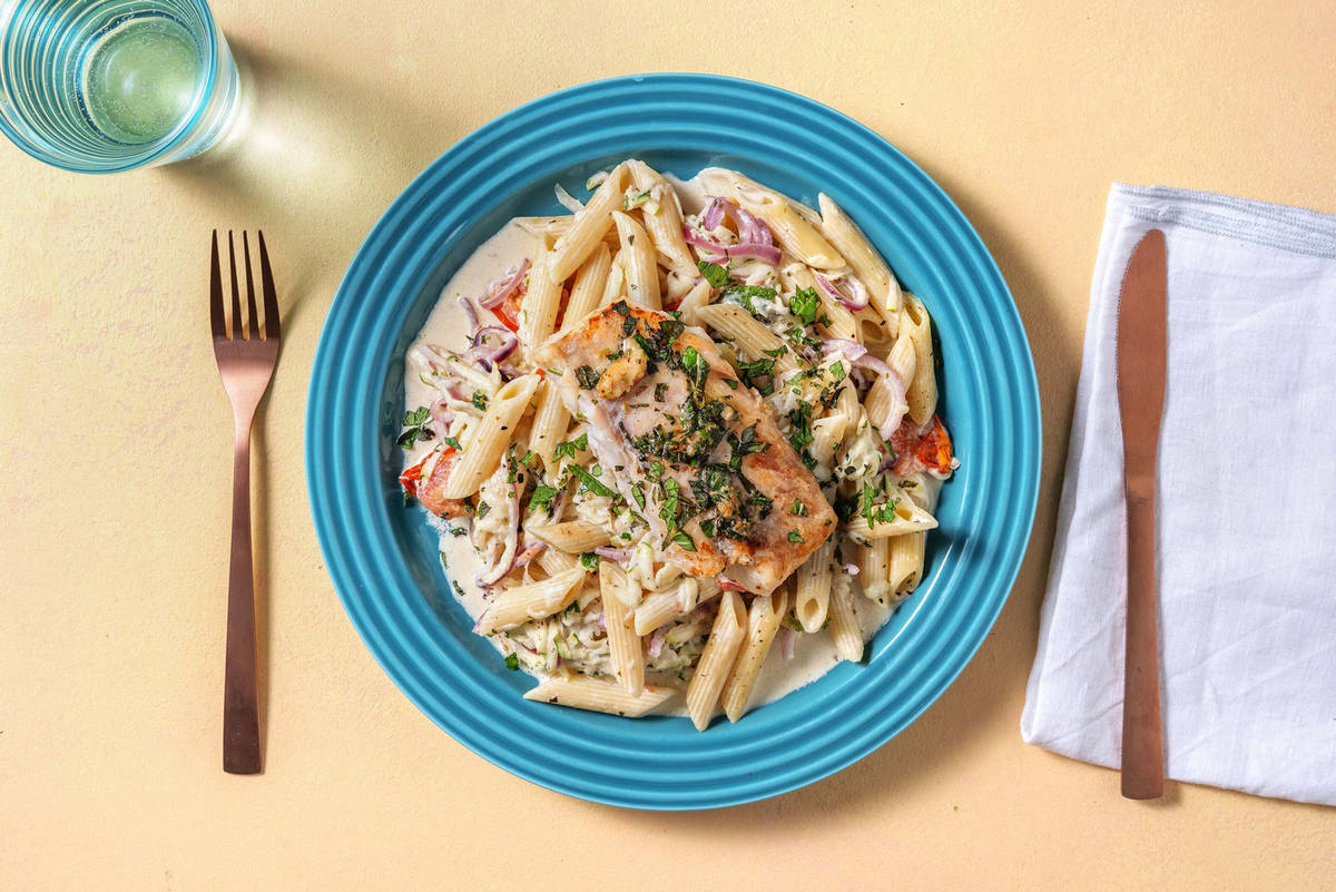 Snelle pasta met kabeljauw in roomsaus