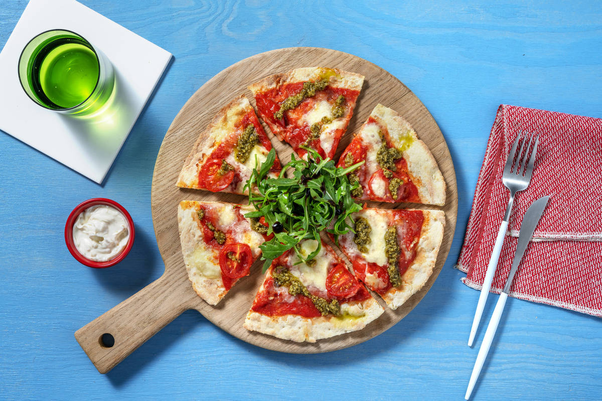 Classic Cheese, Tomato and Pesto Pizza