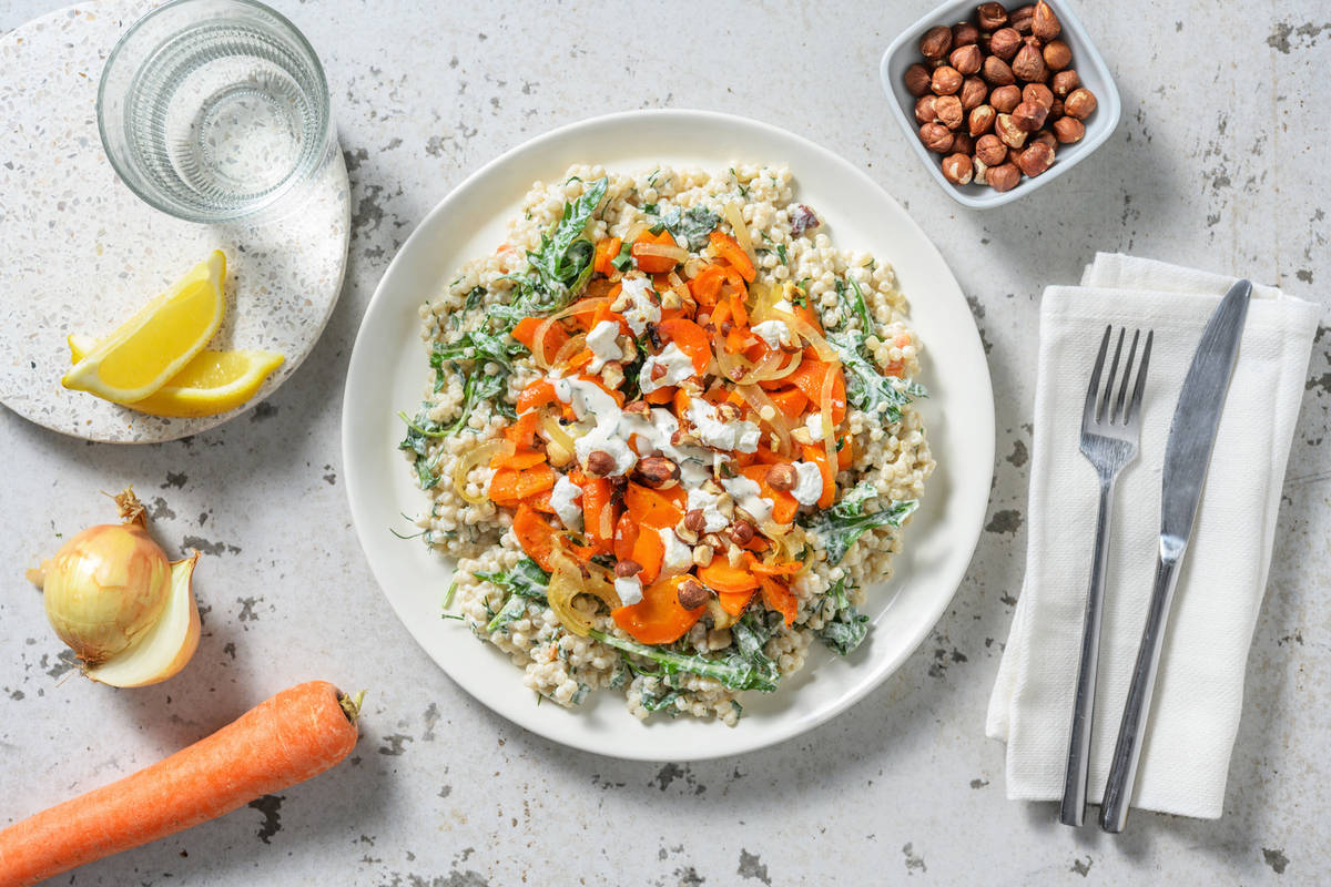Salade couscous perlé, chèvre & carottes rôties