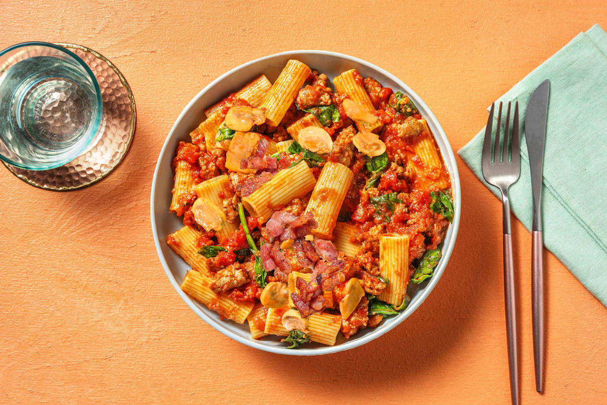 Speedy Sausage and Bacon Rigatoni