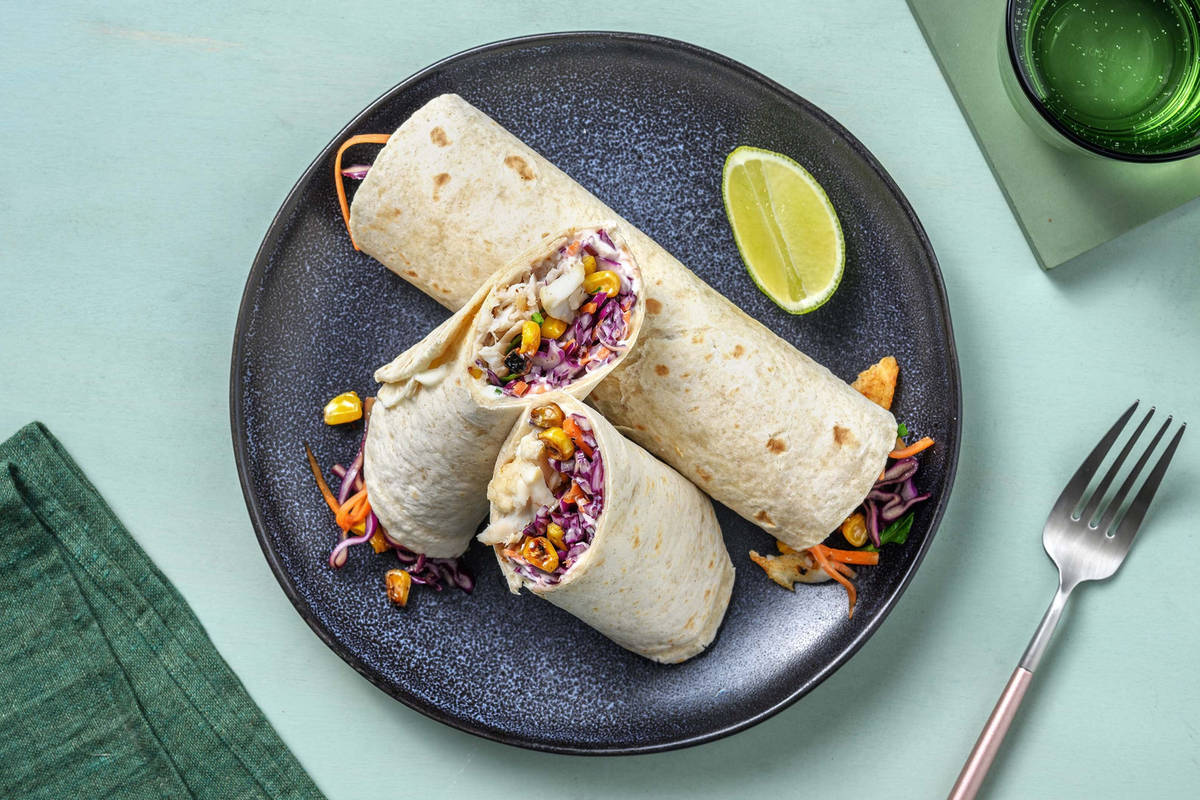Wraps de cabillaud, maïs sauté & aïoli