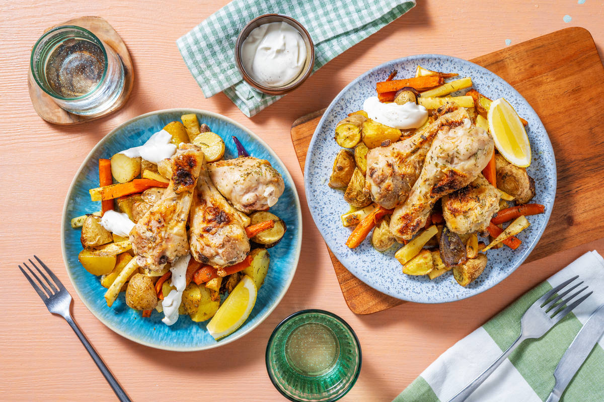 Pilons de poulet rôtis au four & légumes racines