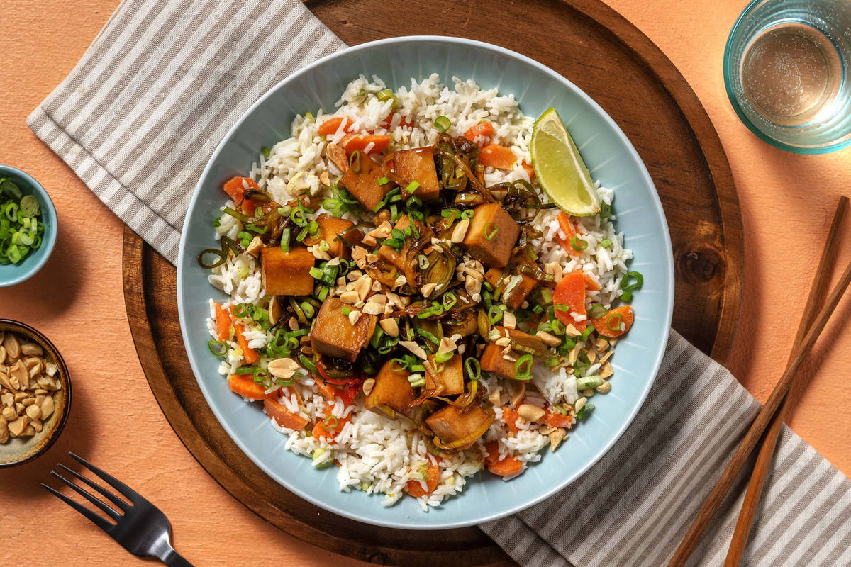 Riso al latte di cocco e tofu glassato