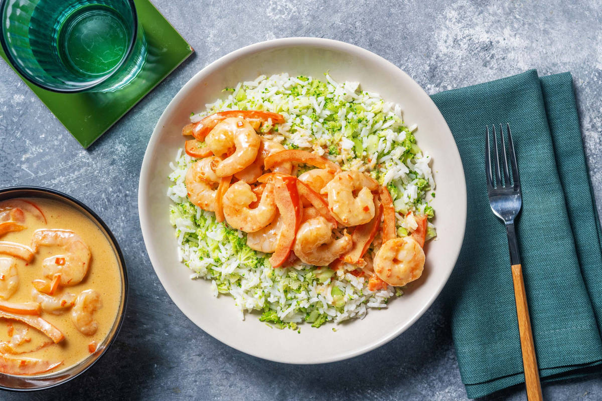 Snelle garnalencurry met broccolirijst