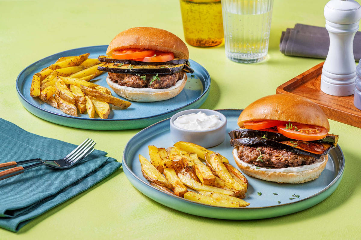 Hamburger med ovnsbakt aubergine